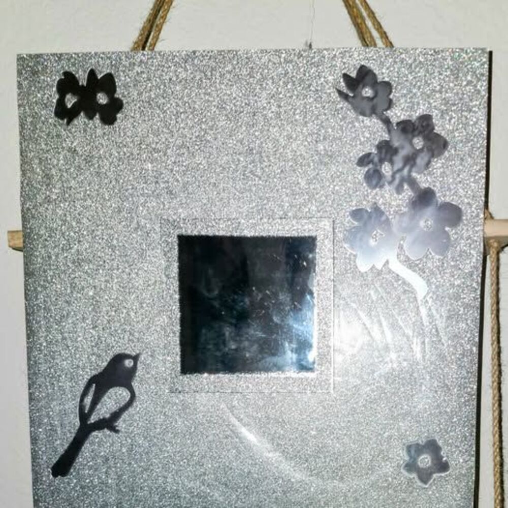 Sparkly Silver Glitter Mirror Wall Decor w Bird & Flowers Handmade